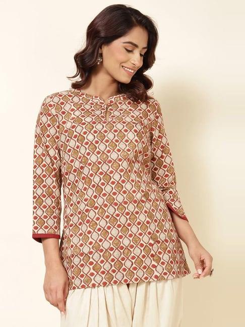 fabindia beige & red cotton printed straight short kurti