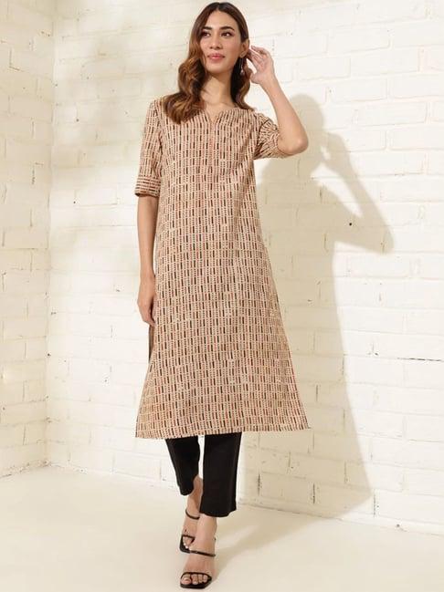 fabindia beige cotton bagru printed knee length kurta