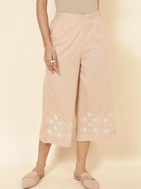 fabindia beige cotton embroidered culottes