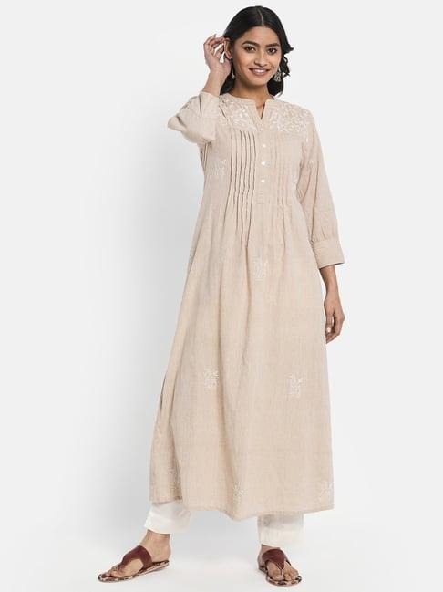 fabindia beige cotton embroidered flared kurta