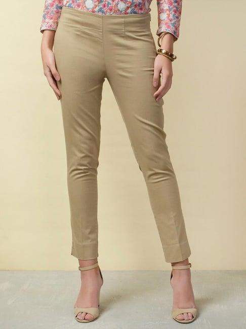 fabindia beige cotton mid rise pants