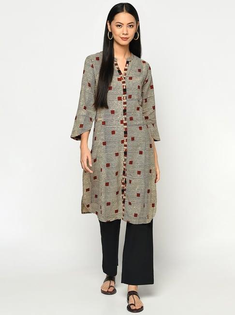 fabindia beige cotton printed straight kurta