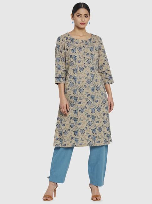 fabindia beige cotton printed straight kurta