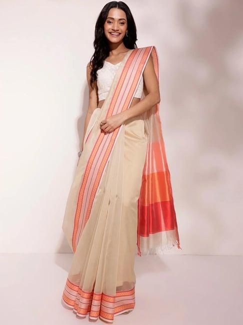 fabindia beige cotton silk maheshwari sari