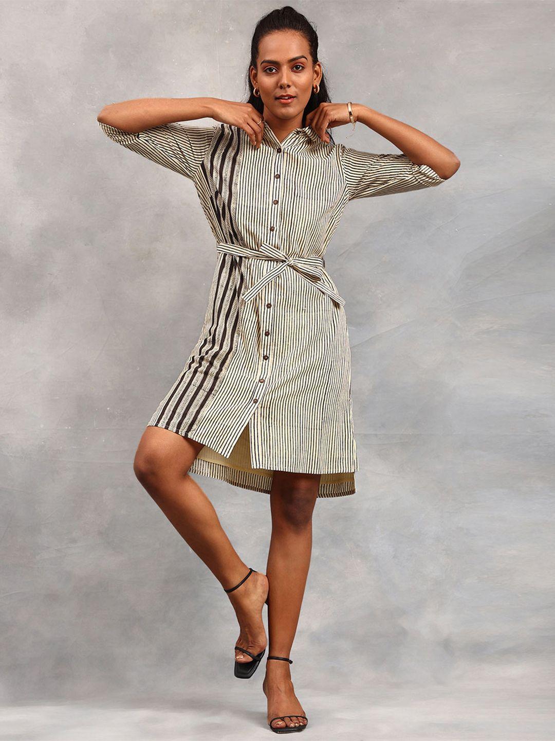 fabindia beige cotton striped shirt dress