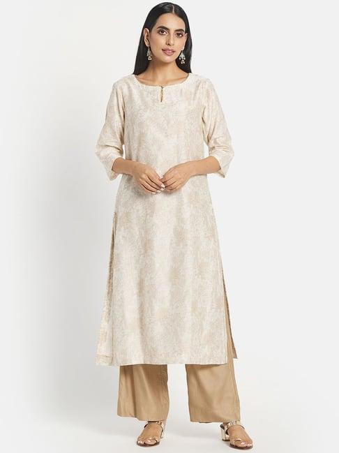 fabindia beige floral print straight kurta