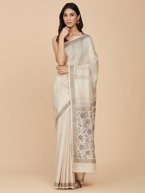 fabindia beige printed saree with unstitched blouse