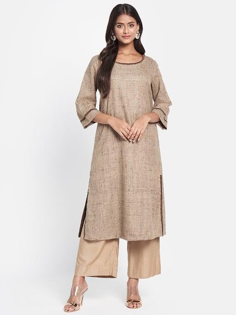 fabindia beige woven pattern straight kurta