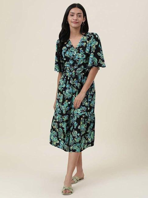 fabindia black & blue paisley print a-line dress