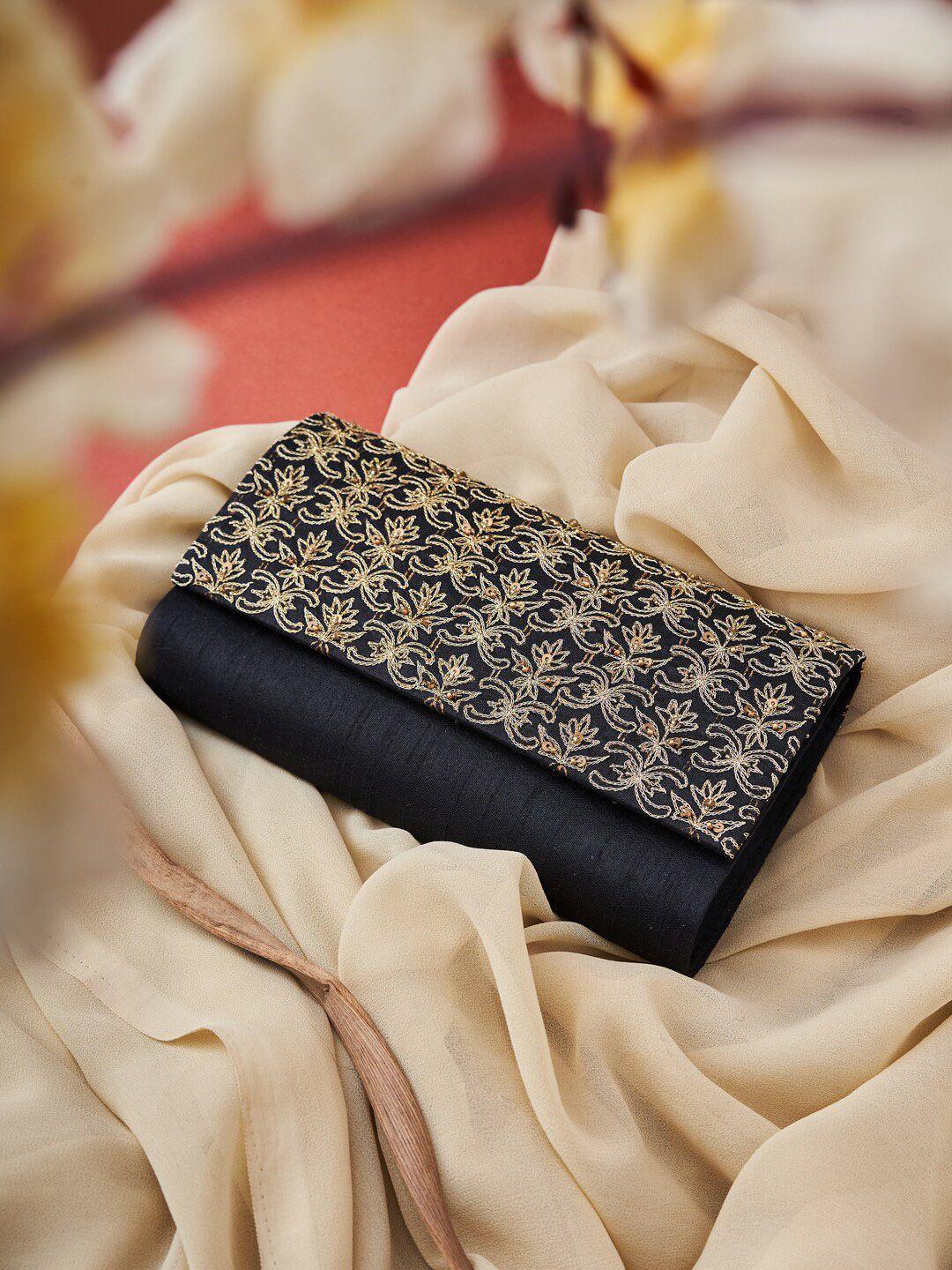 fabindia black & gold-toned embroidered embroidered purse clutch