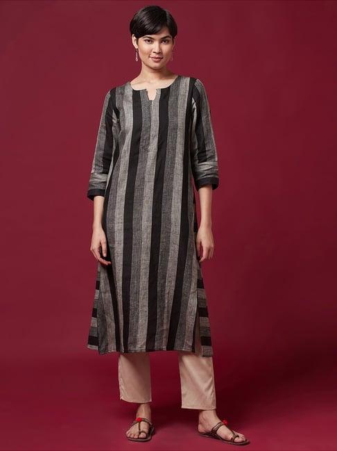 fabindia black & grey linen striped straight kurta