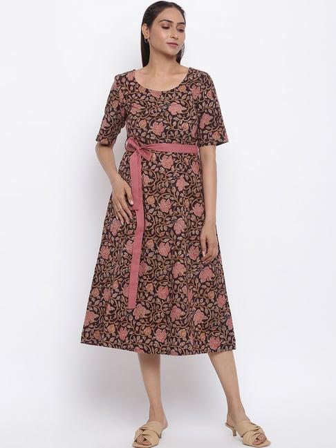 fabindia black & pink cotton floral print a-line dress