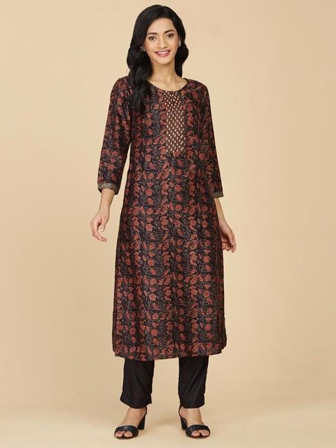 fabindia black & rust cotton silk printed straight kurta