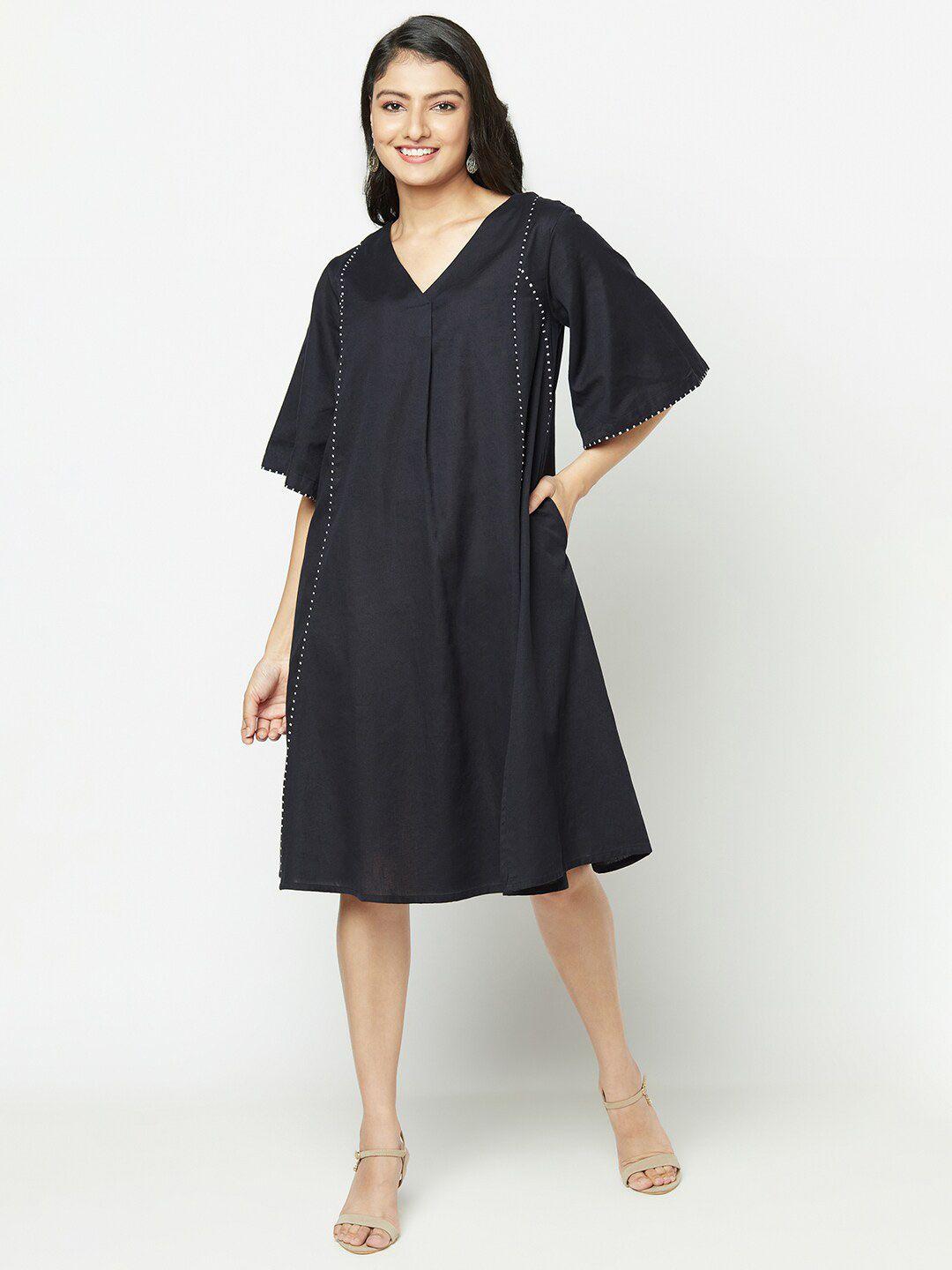 fabindia black a-line cotton linen dress