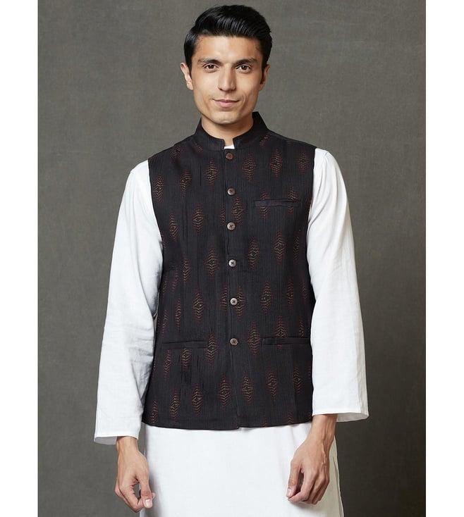 fabindia black comfort fit embroidered nehru jacket