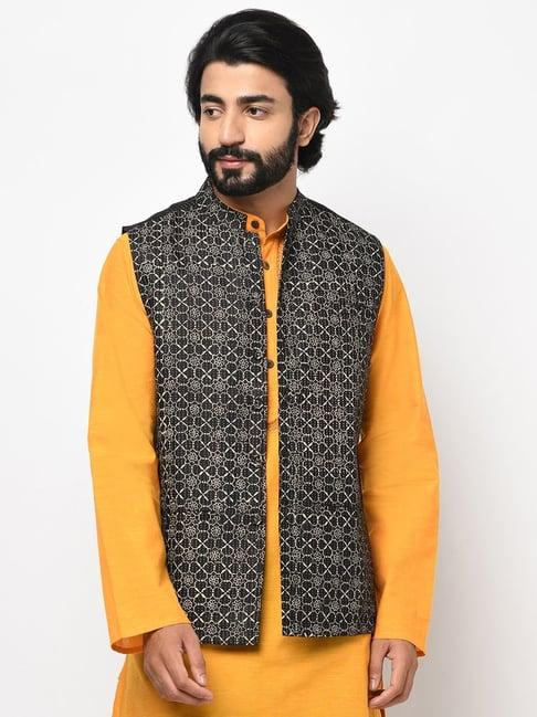 fabindia black comfort fit printed nehru jacket