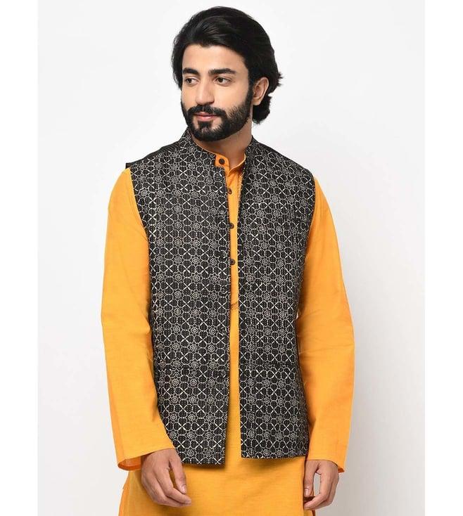 fabindia black comfort fit printed nehru jacket