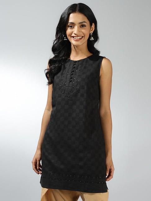 fabindia black cotton embroidered a line kurti