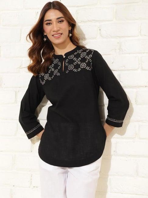 fabindia black cotton embroidered top