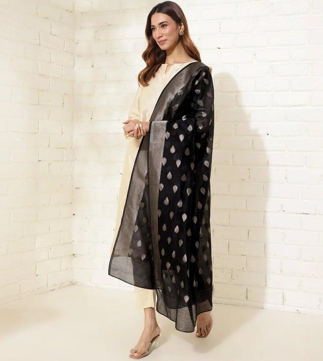 fabindia black cotton silk blend woven dupatta