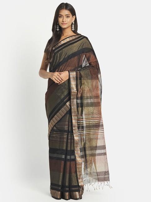 fabindia black cotton silk woven saree without blouse