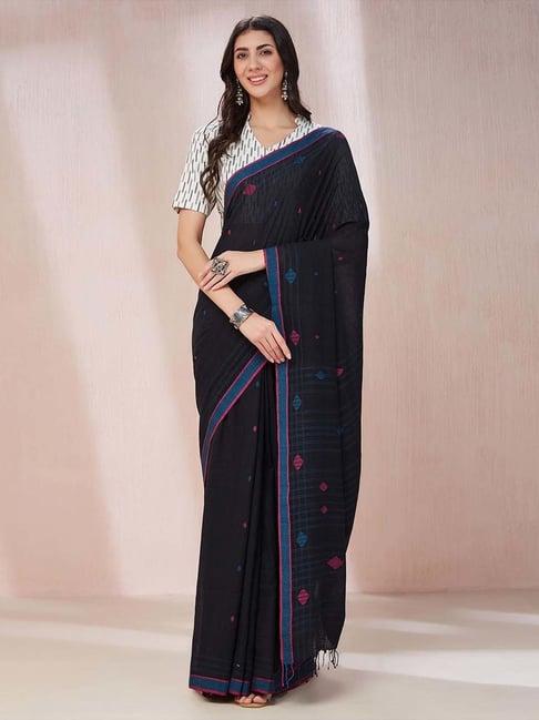 fabindia black cotton woven pattern saree