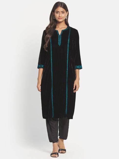 fabindia black embroidered straight kurta