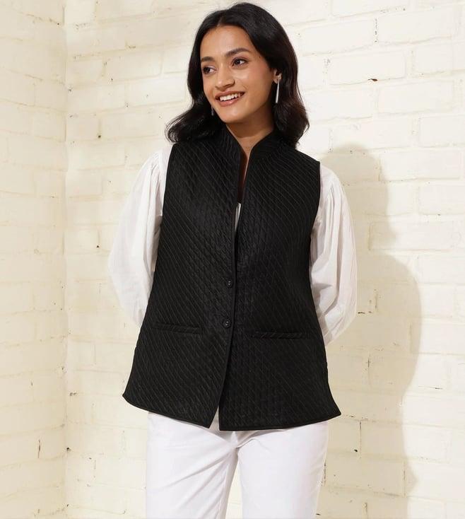 fabindia black quilted mandarin neck sleeveless nehru jacket