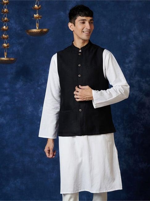 fabindia black regular fit self pattern nehru jacket