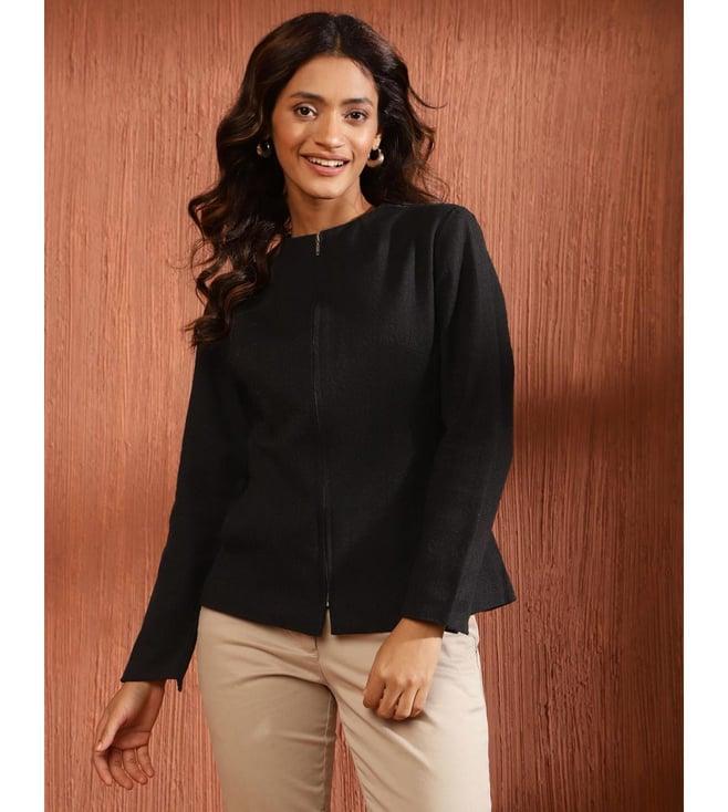 fabindia black wool blend solid jacket