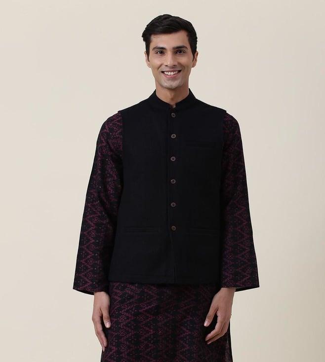 fabindia black woven wool mandarin neck nehru jacket