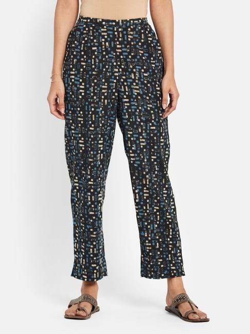 fabindia blue & black cotton linen printed pants