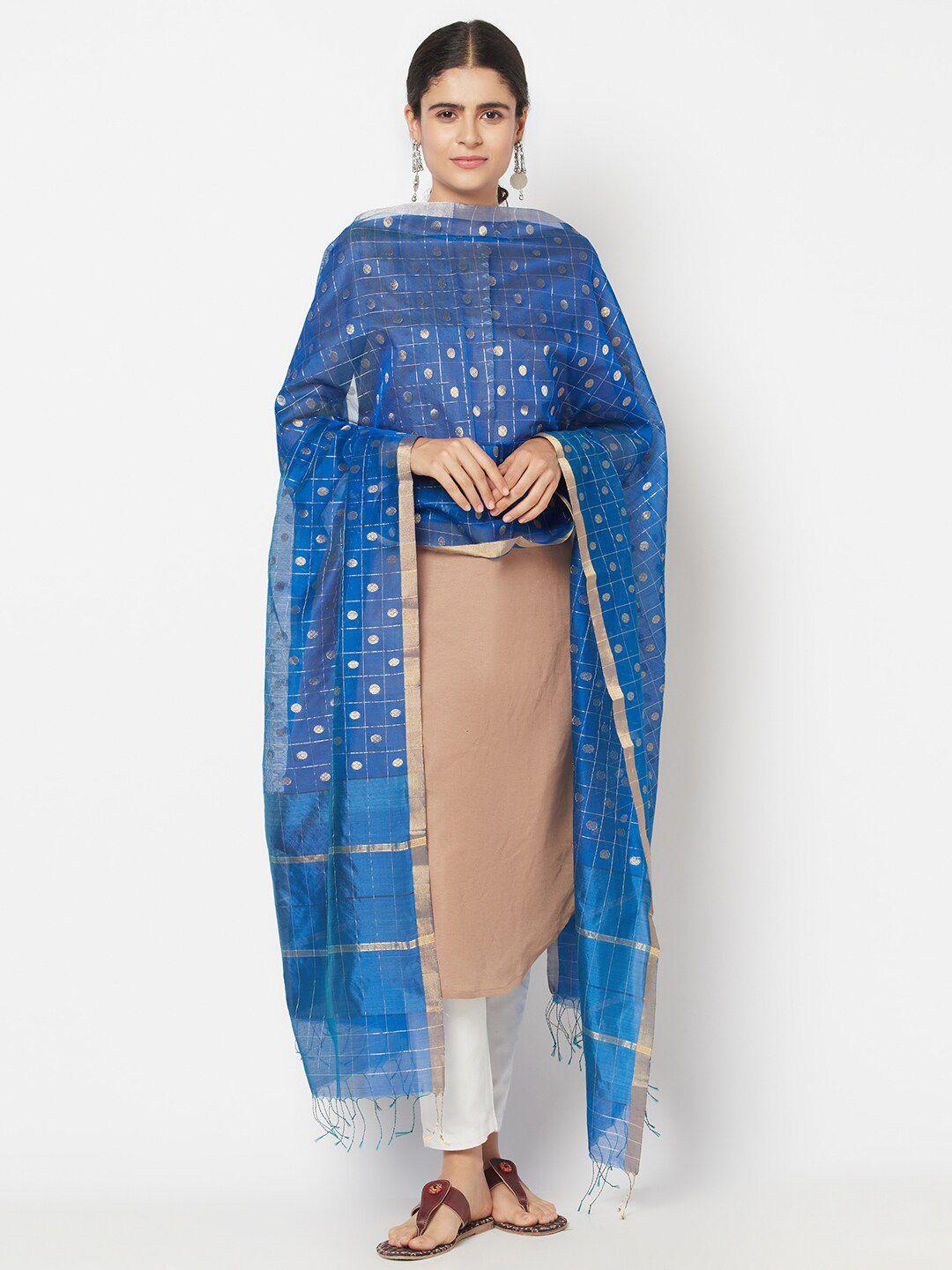 fabindia blue & gold-toned woven design cotton silk dupatta with zari