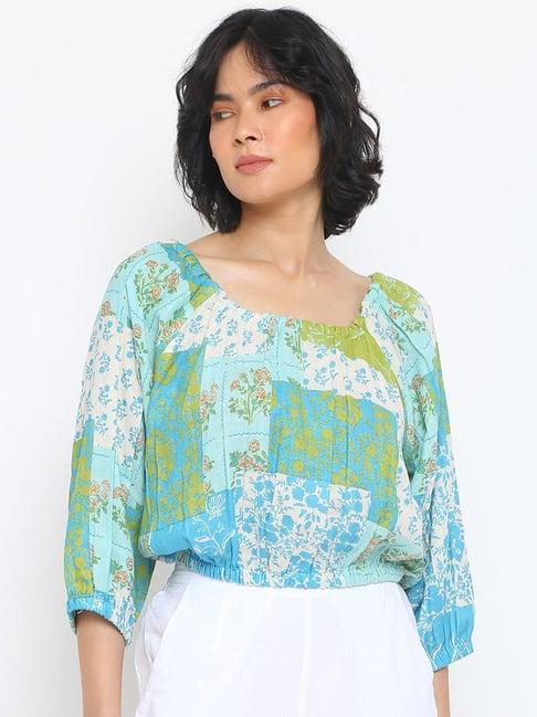 fabindia blue & green cotton floral print top