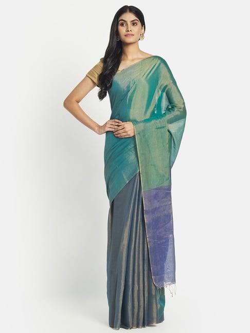 fabindia blue & green cotton silk woven saree without blouse