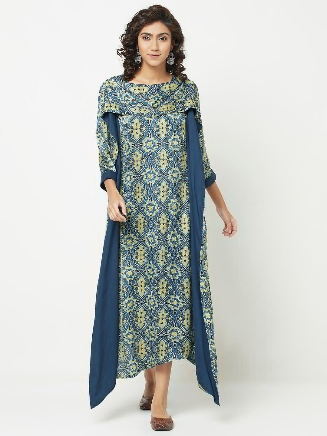 fabindia blue & green ethnic motifs maxi dress