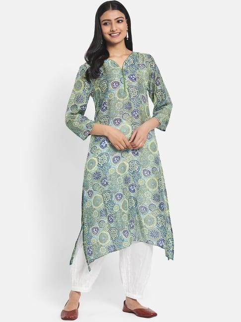 fabindia blue & green printed a line kurta