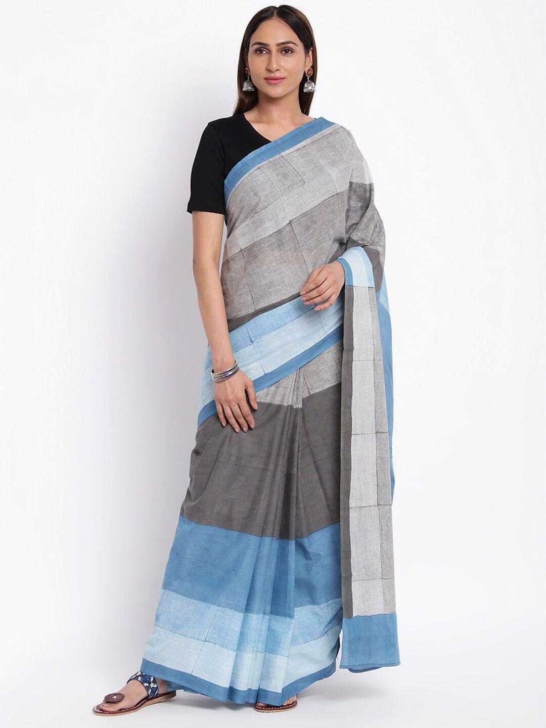 fabindia blue & grey colourblocked pure cotton saree