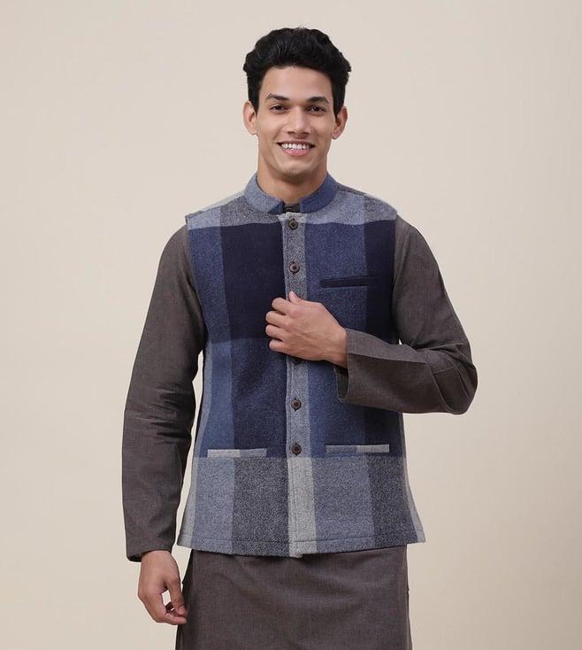 fabindia blue & grey wool printed nehru jacket