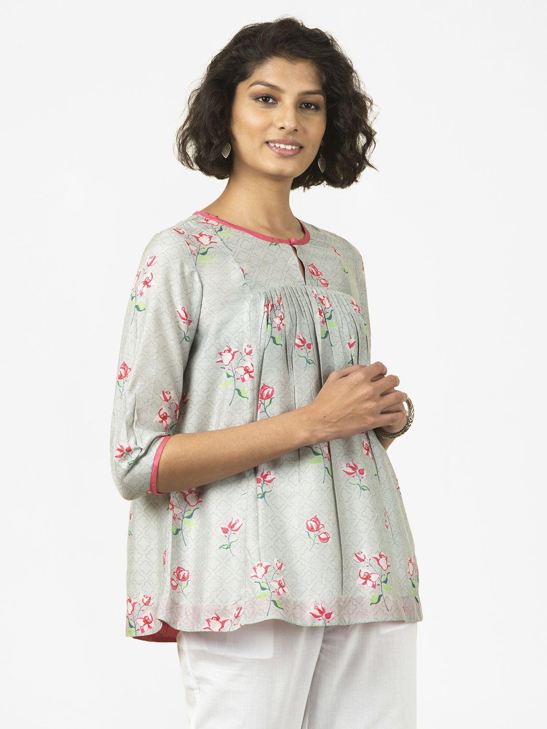 fabindia blue & pink floral printed keyhole neck pleated a-line top