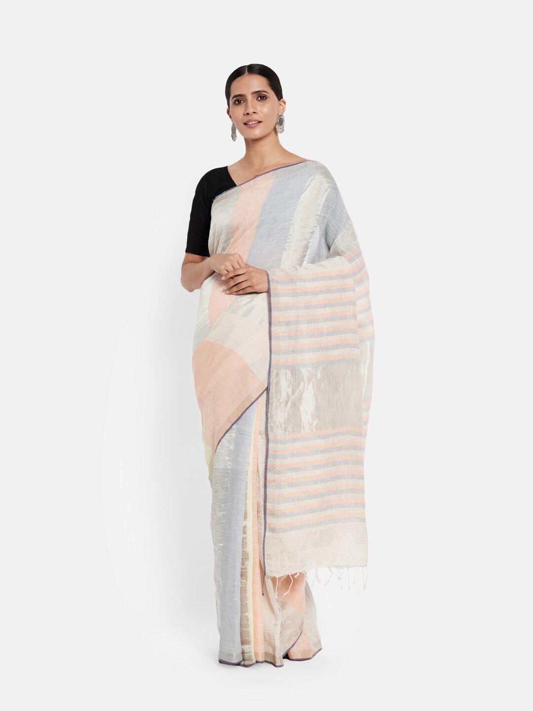 fabindia blue & white colourblocked pure linen woven saree