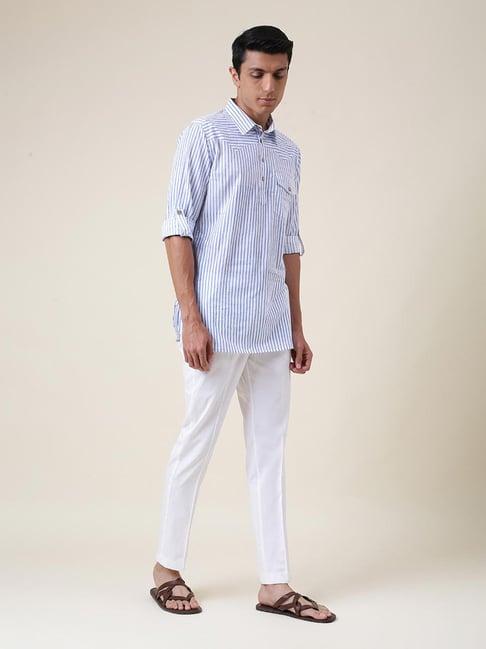 fabindia blue & white regular fit short kurta with trousers set