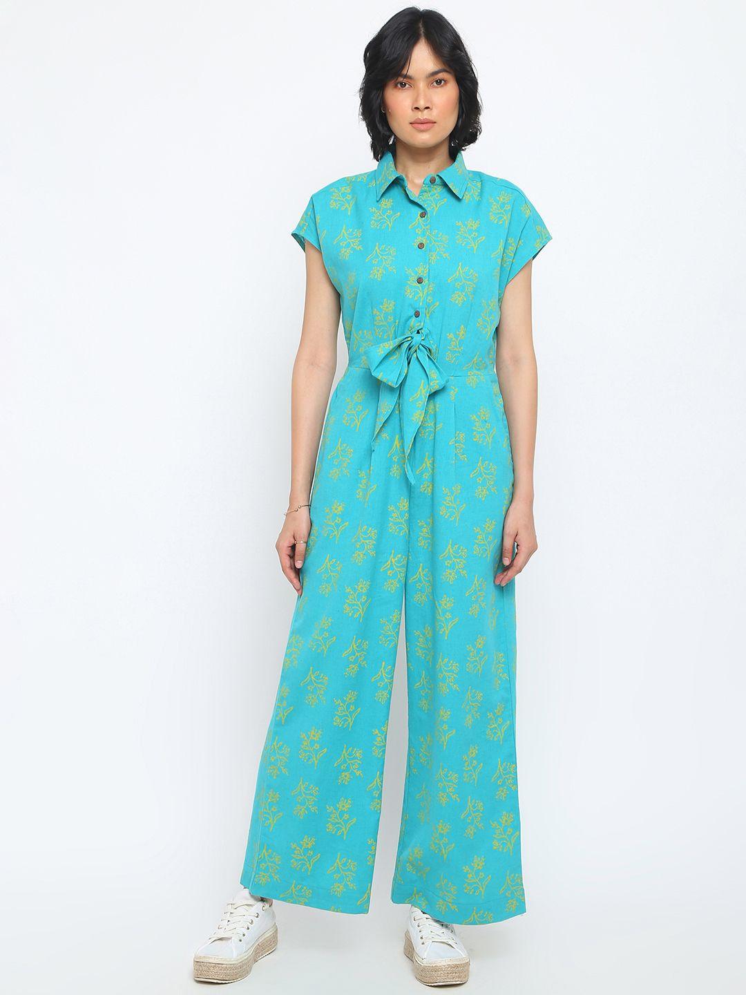 fabindia blue & yellow pure cotton printed basic jumpsuit
