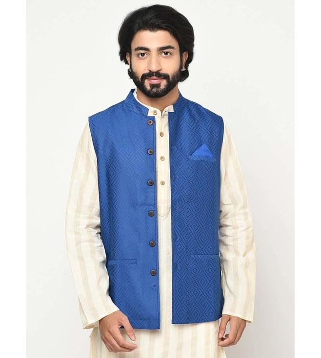 fabindia blue comfort fit self pattern nehru jacket