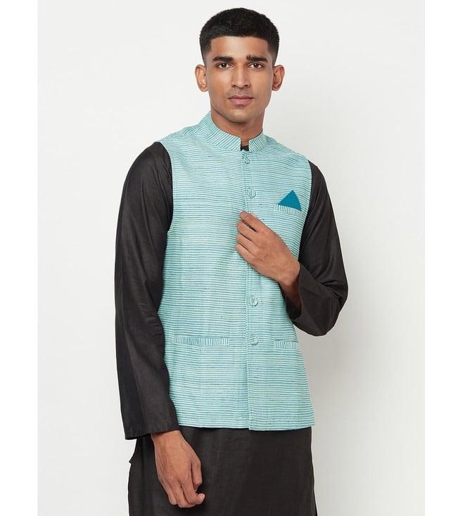 fabindia blue comfort fit striped nehru jacket