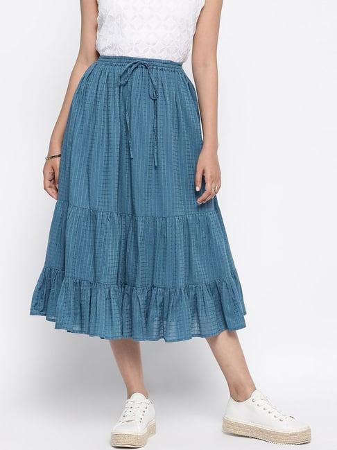 fabindia blue cotton chequered a-line skirt