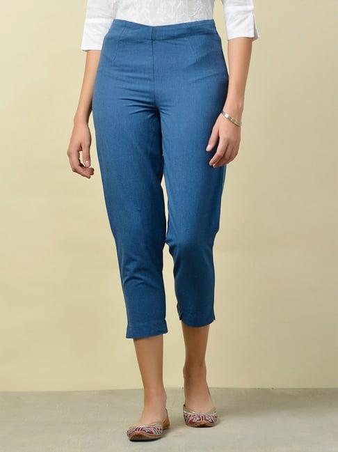 fabindia blue cotton cropped pants