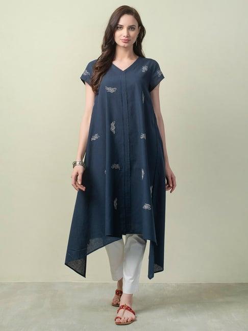 fabindia blue cotton embroidered a line kurta
