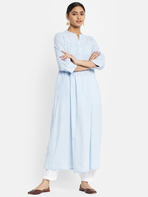 fabindia blue cotton embroidered a line kurta