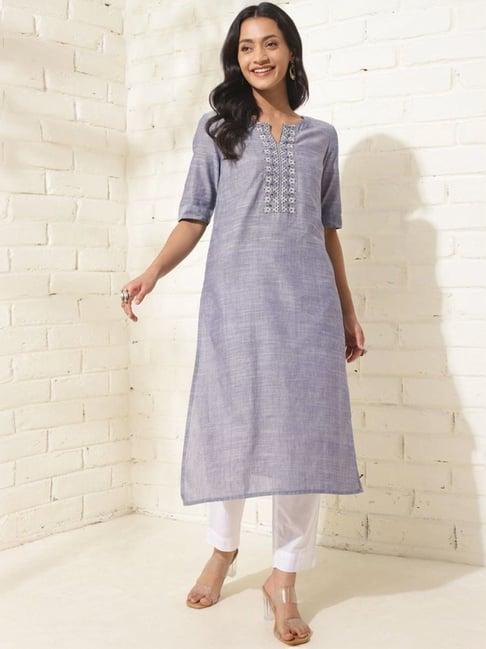 fabindia blue cotton embroidered slim fit long kurta